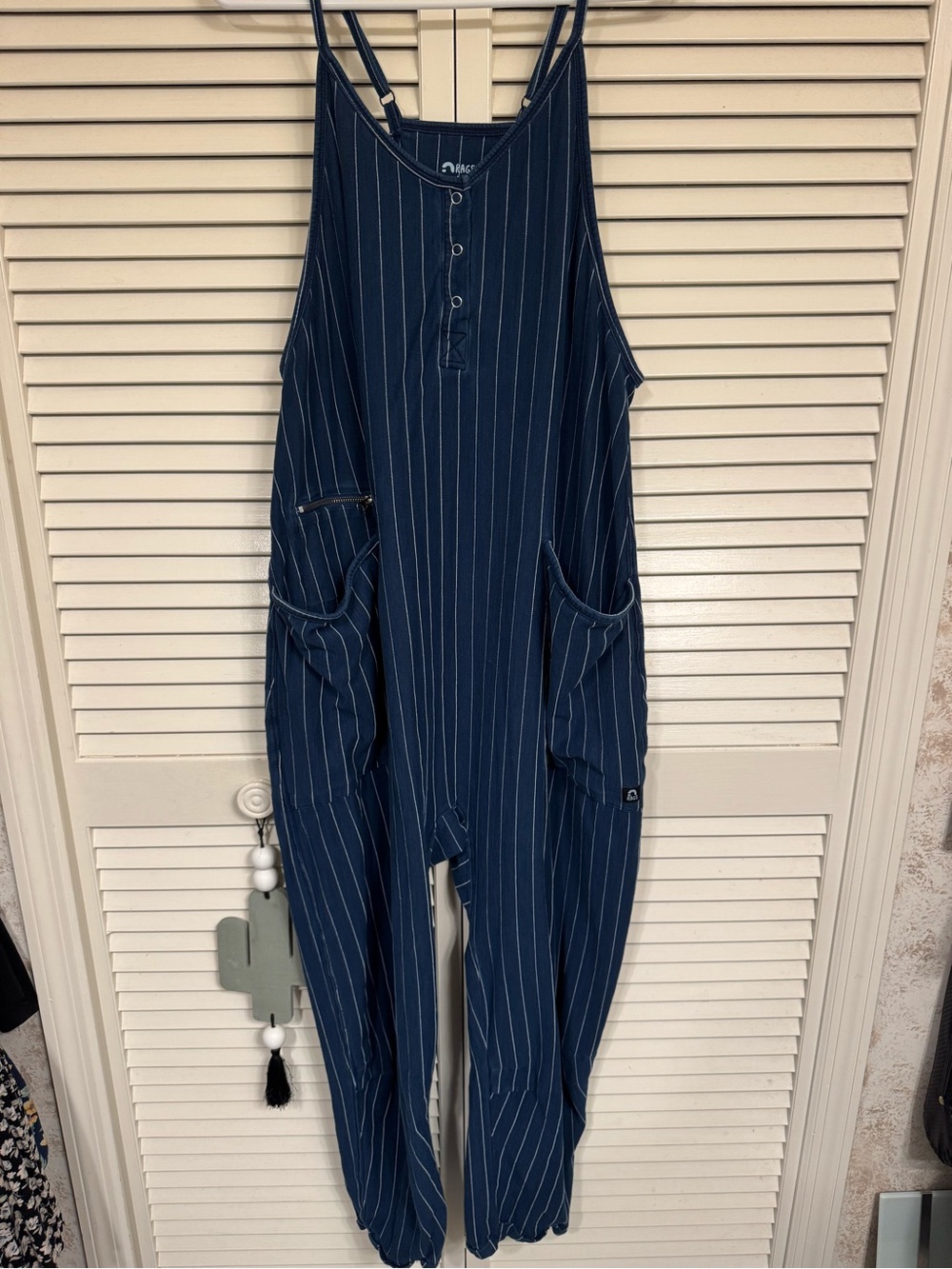Rags Navy Pinstripe Utility Jumpsuit size large
